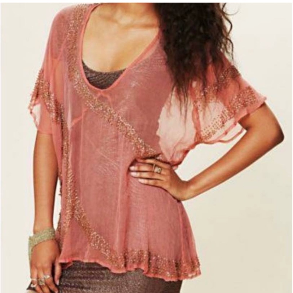 WOMENS NEW ROMANTICS SHEER CORAL BLOUSE W/ BEADED EMBROIDERY SIZE XS